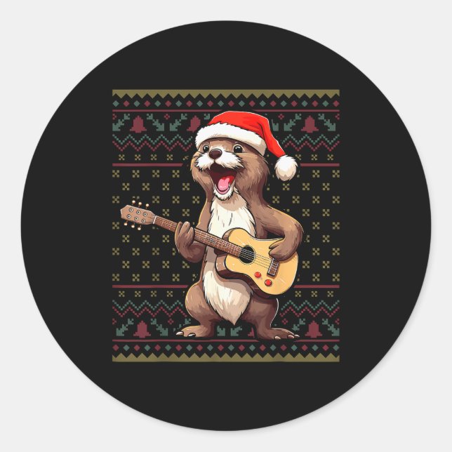 Sticker Rond Otter Christmas Ugly Shirts Otter Playing Guitar X (Devant)