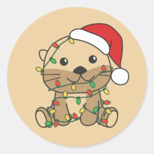Sticker Rond Otter Christmas Winter Animaux Vacances Otters