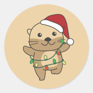 Sticker Rond Otter Christmas Winter Animaux Vacances Otters