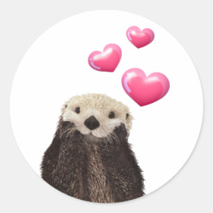 Sticker Rond Otter mignonne avec Coeurs d'Amour Rose