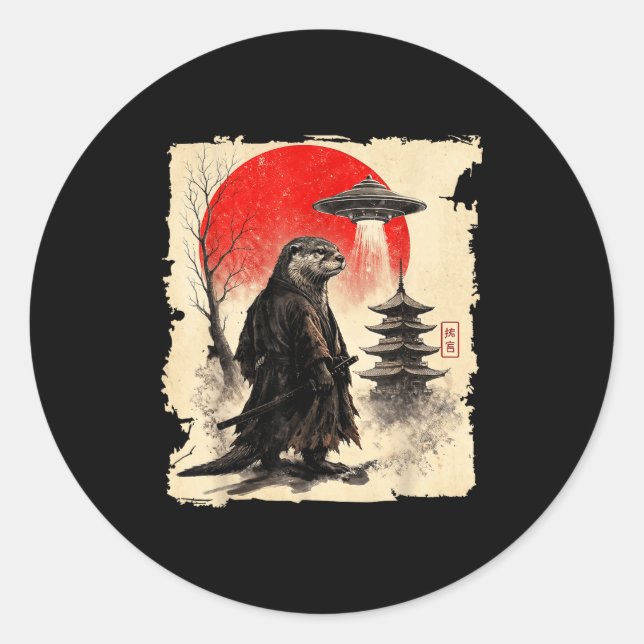 Sticker Rond Otter Samurai Retro Ufo Japanese Warrior Art Graph (Devant)
