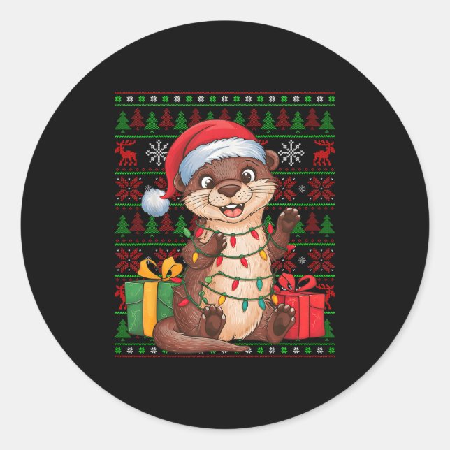 Sticker Rond Otter Xmas Lights Ugly Santa Hat Otter Christmas  (Devant)