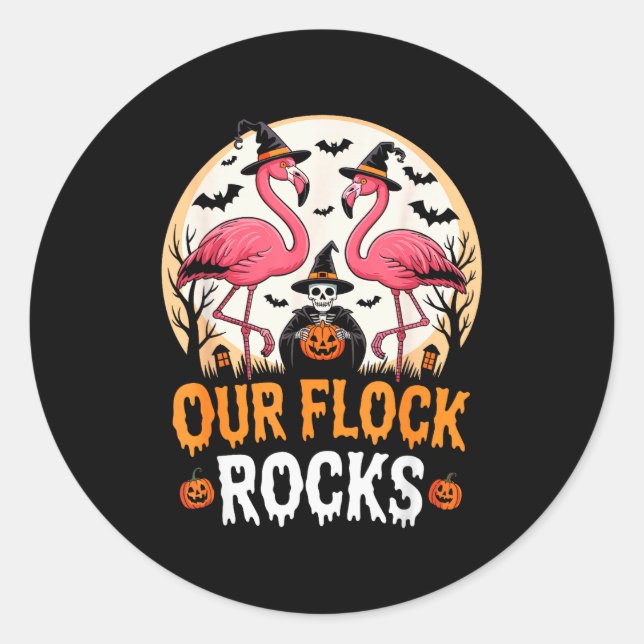 Sticker Rond Our Flock Rocks Flamingo Halloween Costume Matchin (Devant)