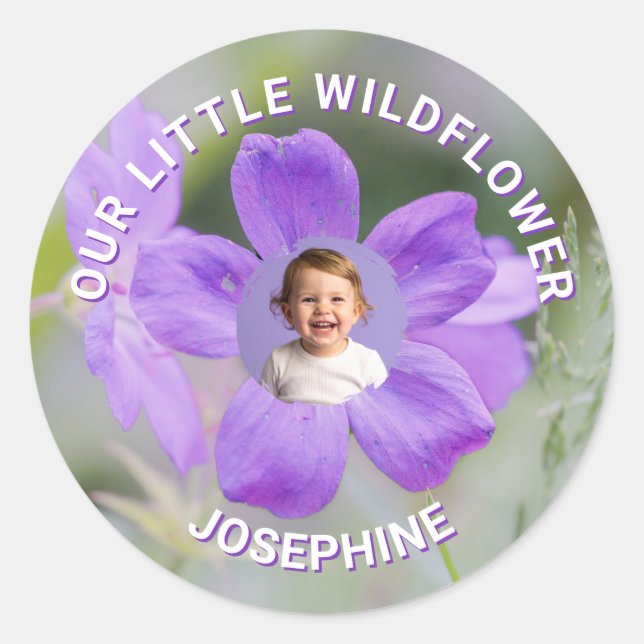 Sticker Rond Our Little Wildflower Purple Floral Custom Photo (Devant)