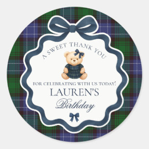 Sticker Rond Ours à nœud papillon Prépa Tartan pour fête d'anni