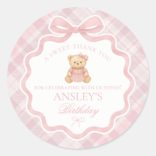 Sticker Rond Ours à ruban coquette rose pour anniversaire avec