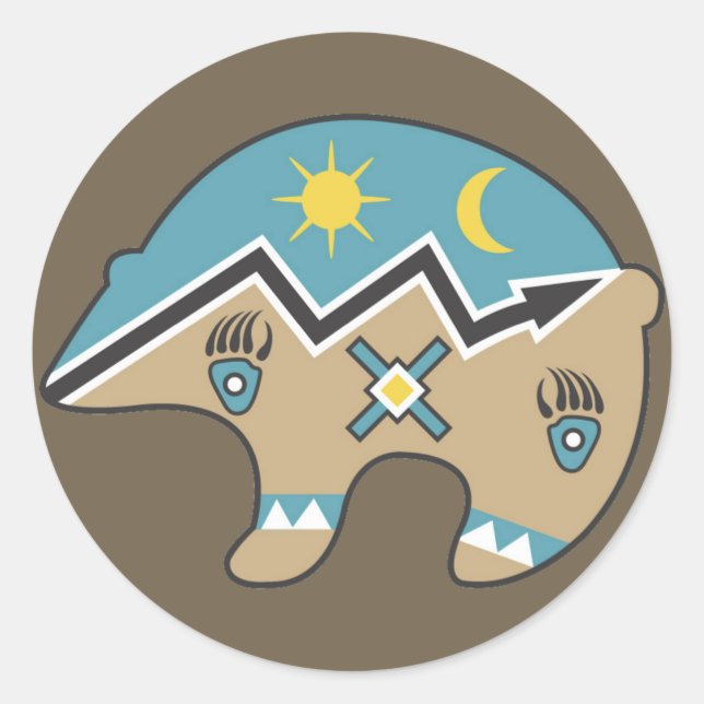 Sticker Rond Ours amérindien, bleu, brun (Devant)