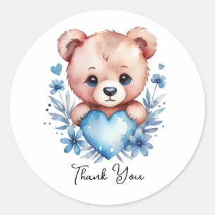 Sticker Rond Ours Aquarelle Cute, Merci Coeur Bleu