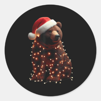 Sticker Rond Ours Avec Le Chapeau Du Père Noël Et Les Lumières 