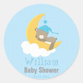 Sticker Rond Ours Bébé Bleu Dormir Sur La Lune - baby shower