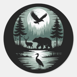 Sticker Rond Ours Cerf Aigle Lune Forêt Silhouette