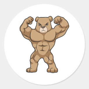 Sticker Rond Ours comme Bodybuilder avec de grands Muscles