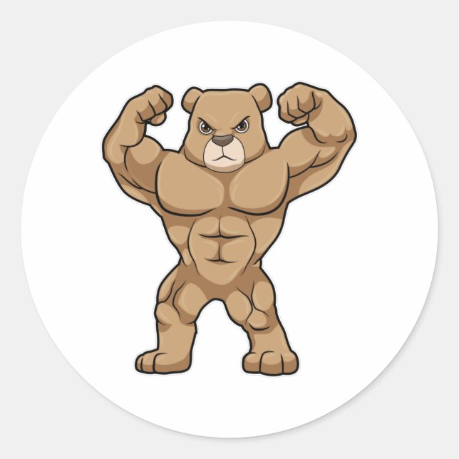 Sticker Rond Ours comme Bodybuilder avec de grands Muscles (Devant)