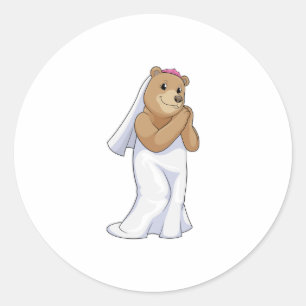 Sticker Rond Ours comme mariée avec voile