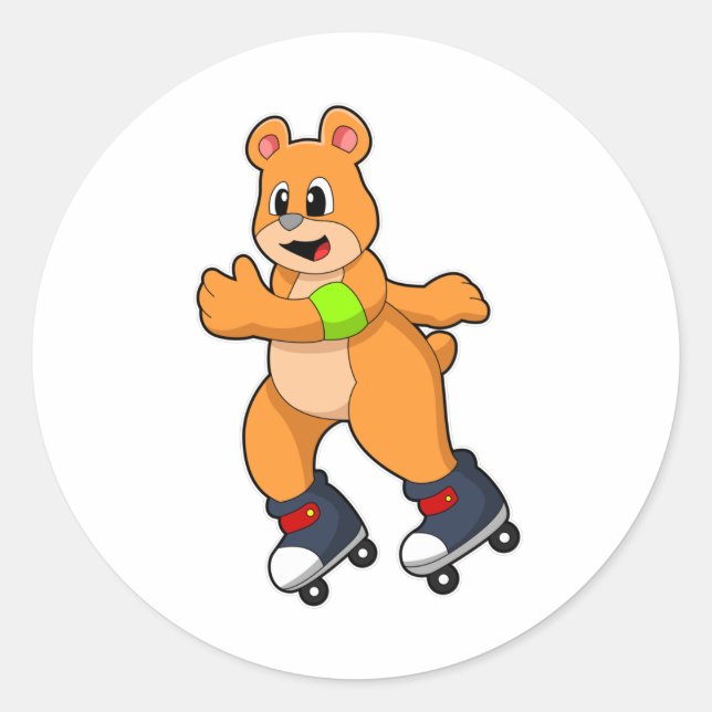 Sticker Rond Ours comme patineur avec patins en ligne (Devant)