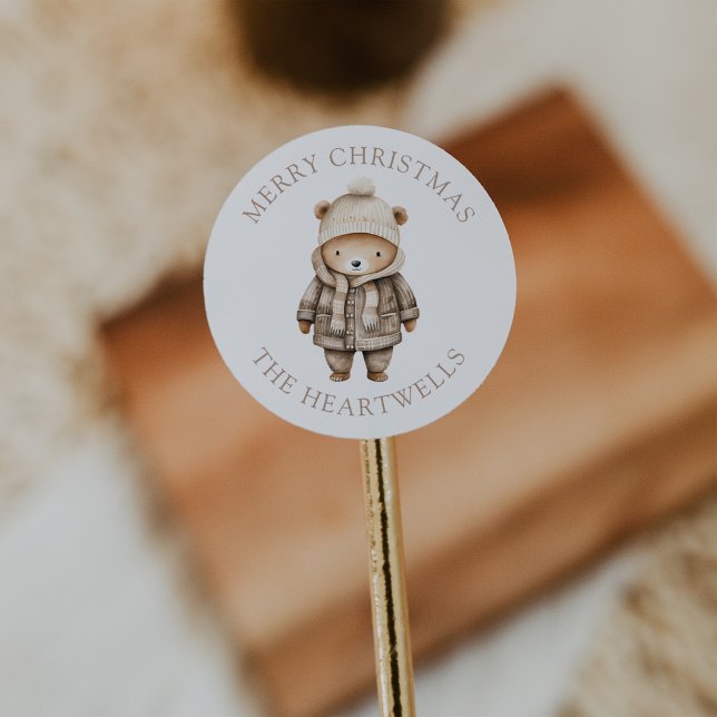 Sticker Rond Ours d'aquarelle mignonne Joyeux Noël personnalisé (Créateur téléchargé)