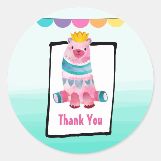 Sticker Rond Ours d'aquarelle mignonne portant une couronne (Devant)