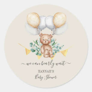 Sticker Rond Ours d'attente et ballons du Baby shower Eucalyptu