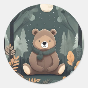 Sticker Rond Ours De Bébé En Forêt Avec Lune