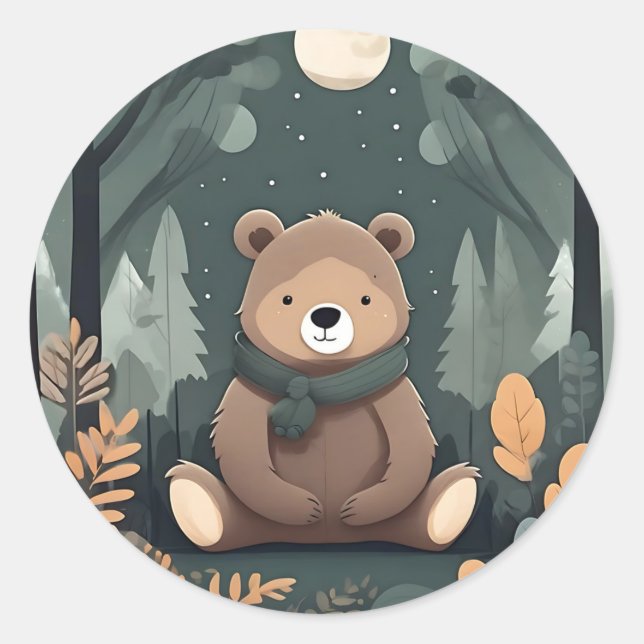 Sticker Rond Ours De Bébé En Forêt Avec Lune (Devant)