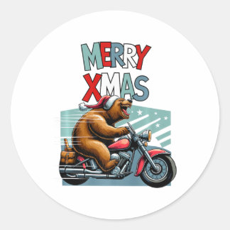 Sticker Rond Ours de Biker avec voeux de Noël Casquette Joyeux 
