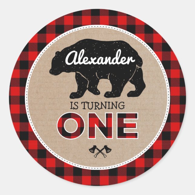 Sticker Rond Ours de bûcheron Flanel Wild Un 1er anniversaire (Devant)