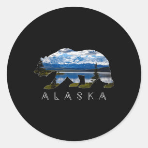 Sticker Rond Ours De L'Alaska Avec Le Lac Mountain