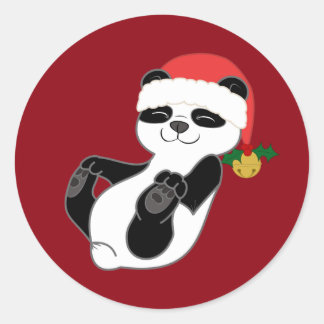 Sticker Rond Ours de panda de Noël avec chapeau de Père Noël et