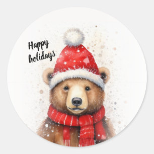 Sticker Rond Ours d'hiver dans un Casquette rouge cosy