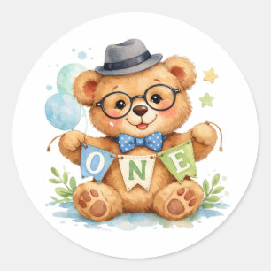 Sticker Rond Ours en peluche à l'aquarelle avec bannière Joyeux
