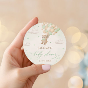 Sticker Rond Ours en peluche avec Baby shower Ballons verts