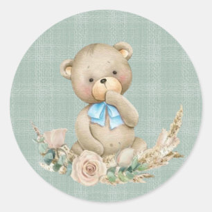 Sticker Rond Ours en peluche avec Baby shower Garçon rose verdo