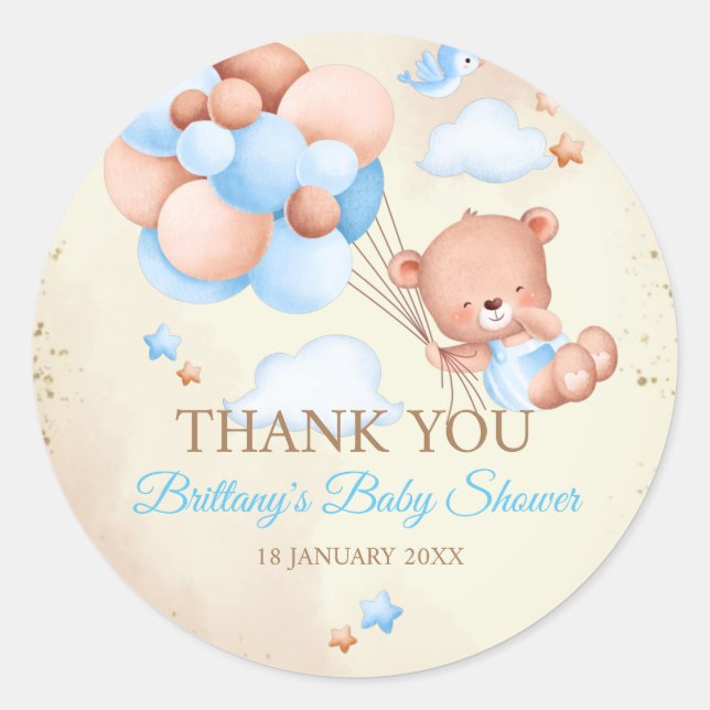 Sticker Rond Ours en peluche avec ballons et nuages brun et ble (Devant)