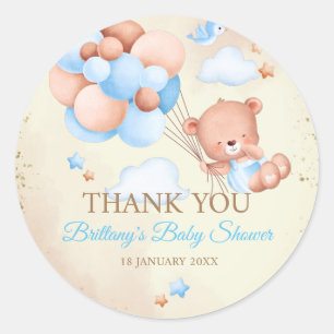 Sticker Rond Ours en peluche avec ballons et nuages brun et ble