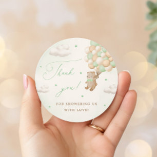 Sticker Rond Ours en peluche avec ballons verts Merci