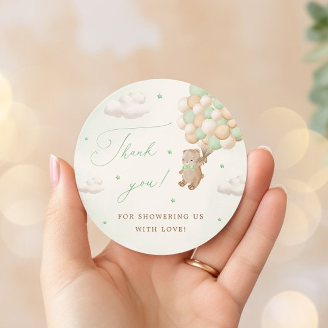 Sticker Rond Ours en peluche avec ballons verts Merci (Créateur téléchargé)