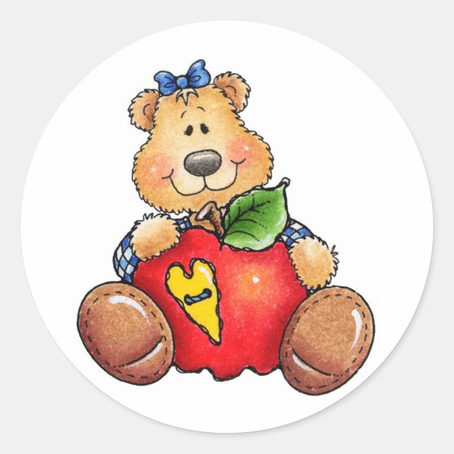 Sticker Rond Ours en peluche avec pomme (Devant)