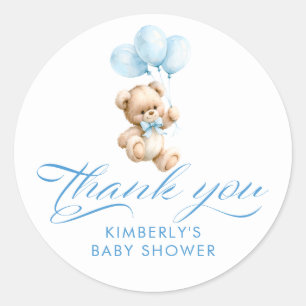 Sticker Rond Ours en peluche ballons bleus Baby Shower Merci