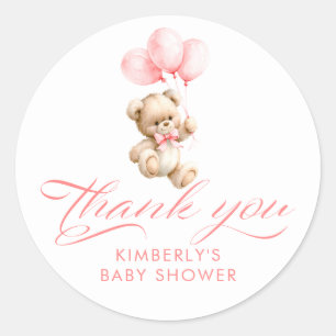 Sticker Rond Ours en peluche ballons roses Remerciement Baby Sh