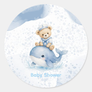 Sticker Rond Ours en peluche bleu sur invitation de baby shower
