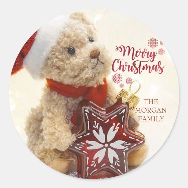 Sticker Rond Ours en peluche, Chapeau de Père Noël, Ornement de (Devant)