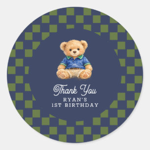 Sticker Rond Ours en peluche Damier Rétro Anniversaire