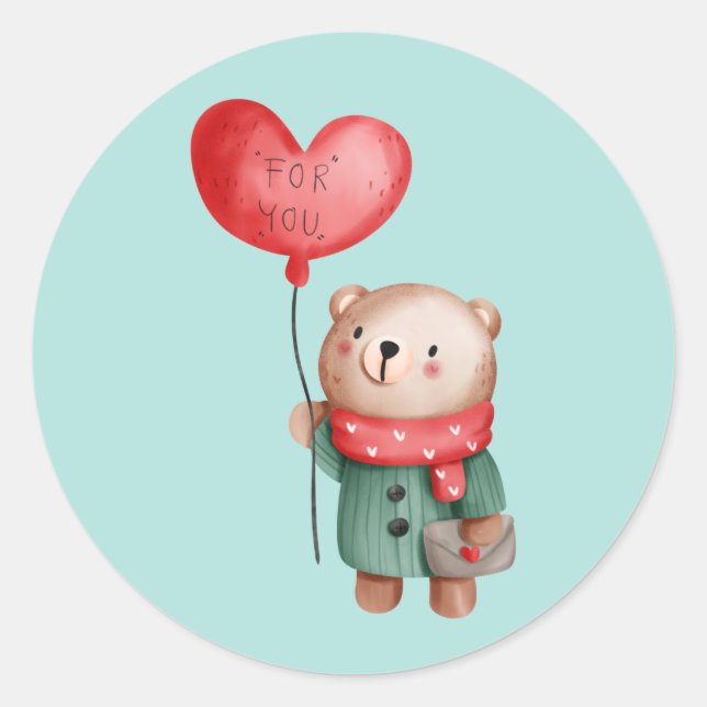 Sticker Rond Ours en peluche de la Saint Valentin tenant un bal (Devant)