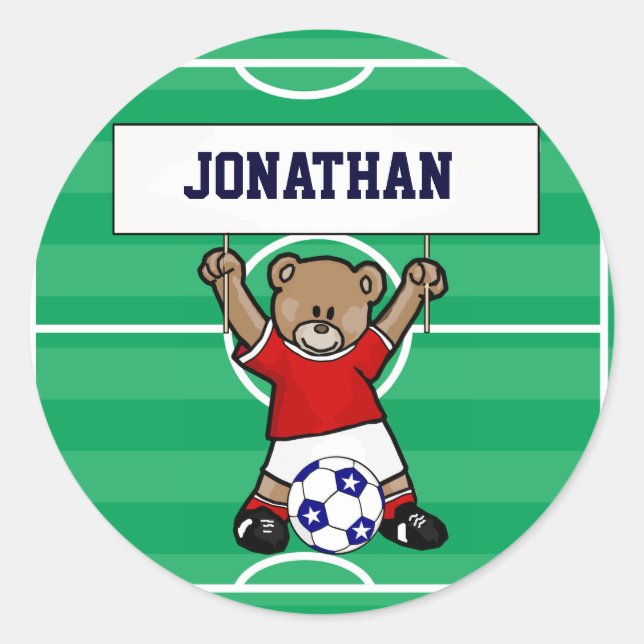 Sticker Rond Ours en peluche de soccer personnalisé (rouge) (Devant)