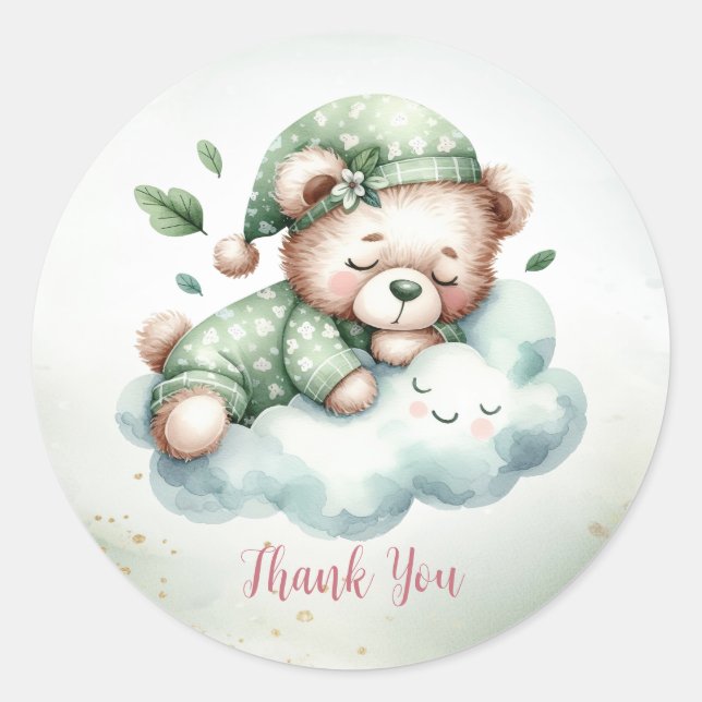 Sticker Rond Ours en peluche endormi Boho vert Fête mignonne (Devant)