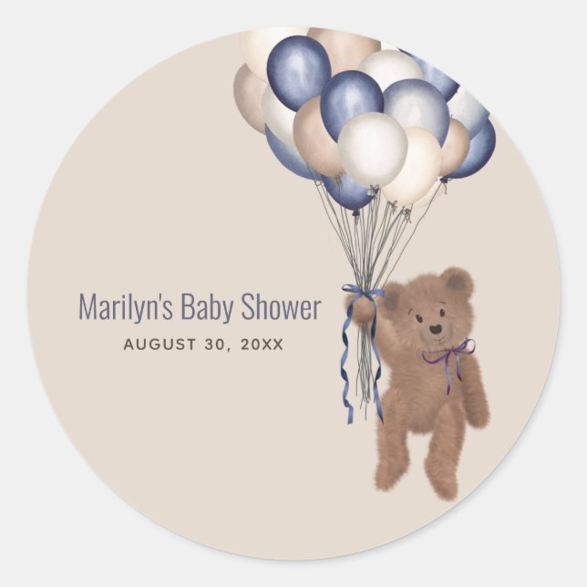 Sticker Rond Ours en peluche et ballons Baby shower bleu d'atte (Devant)
