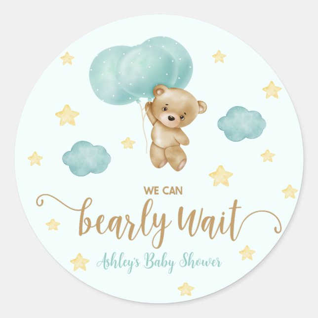 Sticker Rond Ours en peluche et Ballons Bleus Baby shower Favor (Devant)