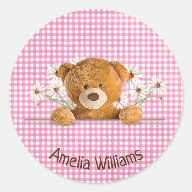 Sticker Rond ours en peluche et marguerites sur en vichy (Devant)