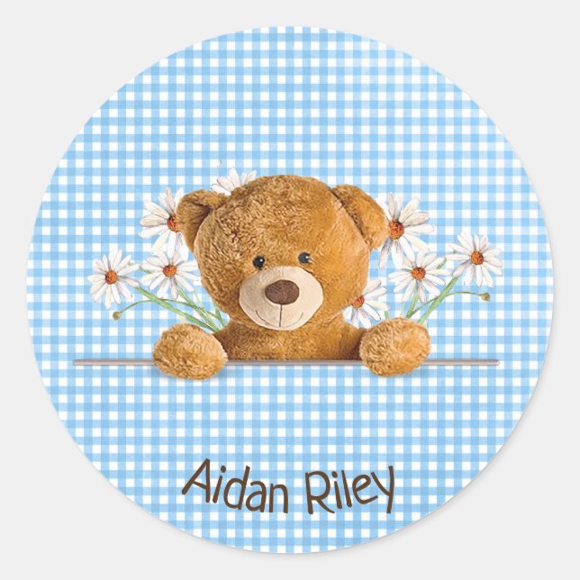 Sticker Rond ours en peluche et marguerites sur en vichy bleu (Devant)