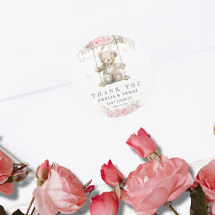 Sticker Rond Ours en peluche Fleurs roses Remerciements Baby Sh